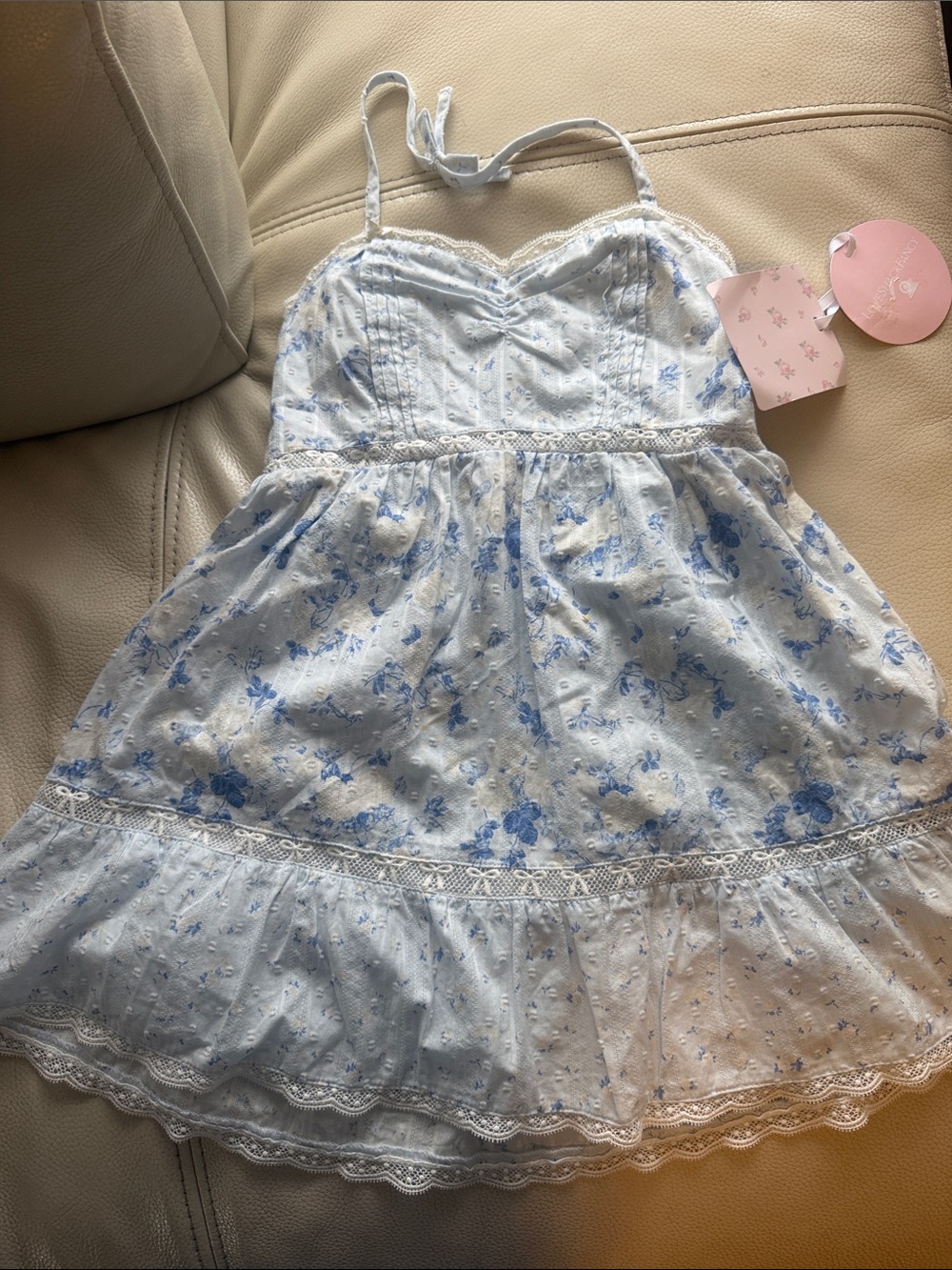 LoveShackFancy Light Blue Floral Sundress with Lace halter